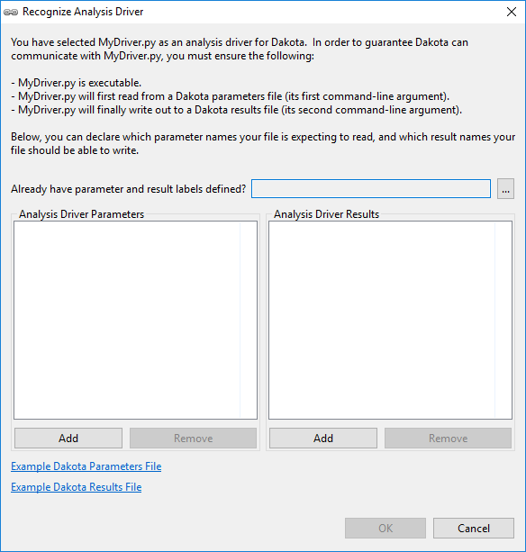 Recognize Analysis Driver dialog