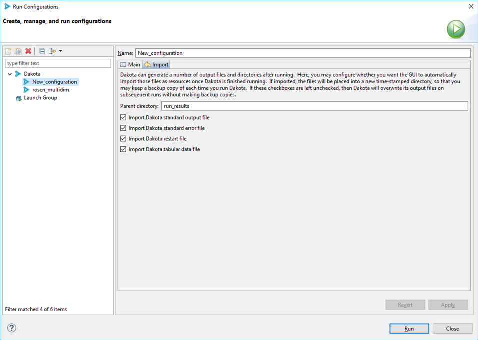 Dakota run configuration options - Import Tab