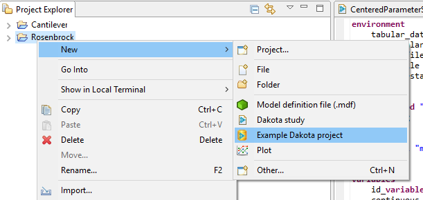 "New > Example Dakota project" in context menu