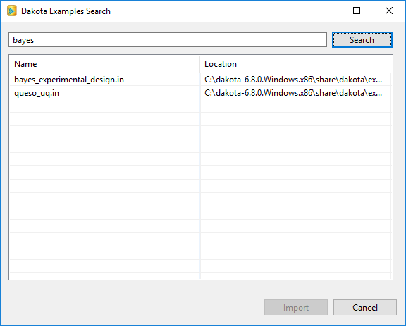 The default search dialog with results
