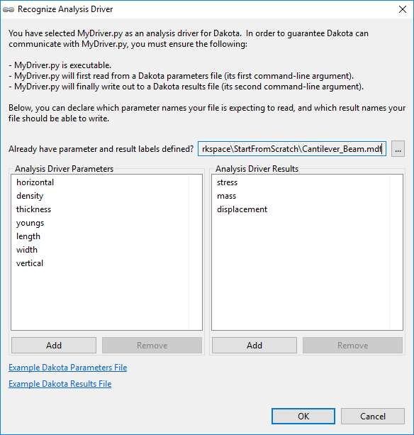 Recognize Analysis Driver dialog, populated