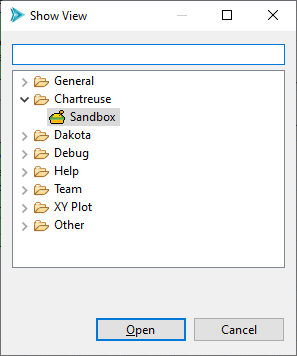 In the "Show View" dialog, the Sandbox view is located under the Chartreuse folder.