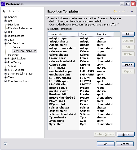 Job Submission Execution Template Preferences Page