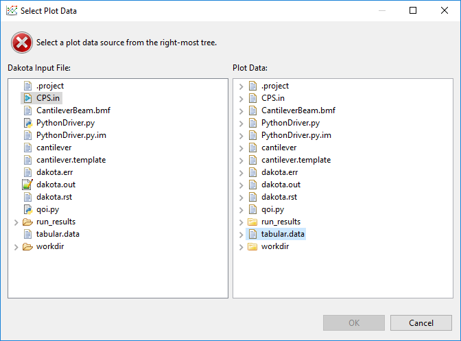 Select both the original Dakota input file and the tabular data file.