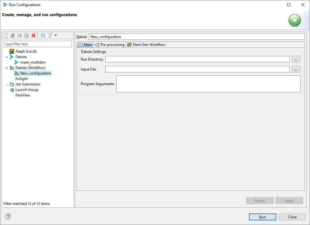 Run "Dakota (Workflow)" configuration page 1