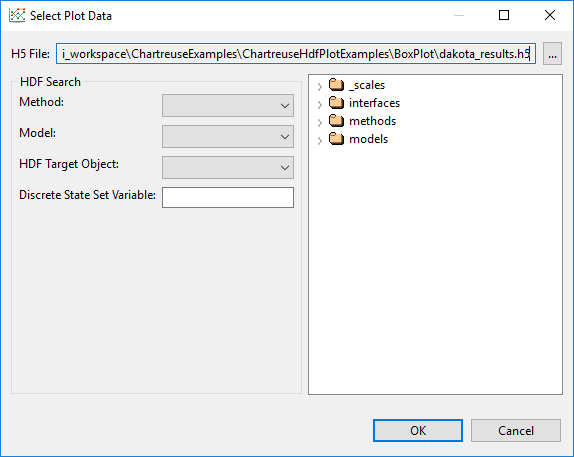 An example data selection dialog for Dakota-formatted HDF5 data.