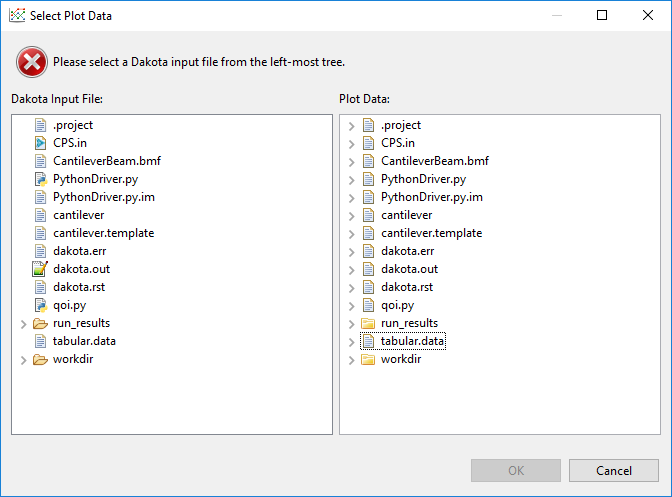 Choose a Dakota input file and tabular data file