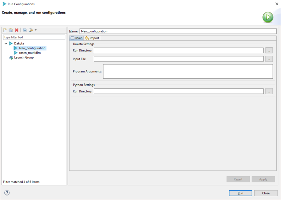 Dakota run configuration options - Main Tab