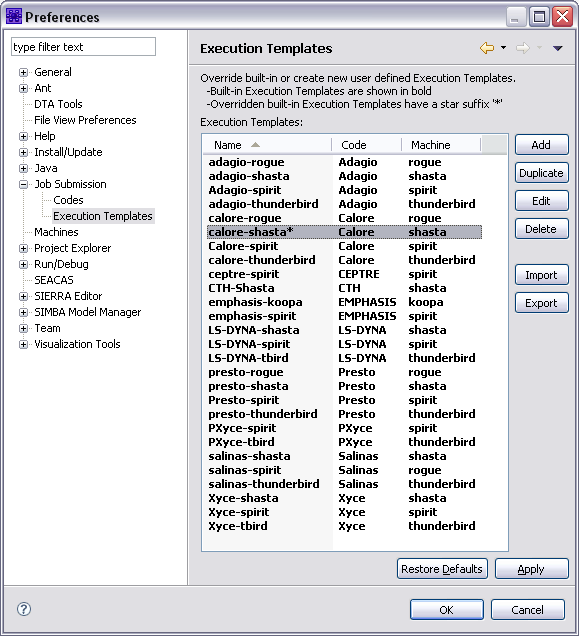 Execution Templates List Showing a Modified Template