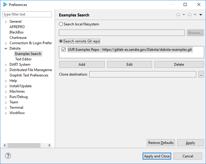 Dakota examples search preferences