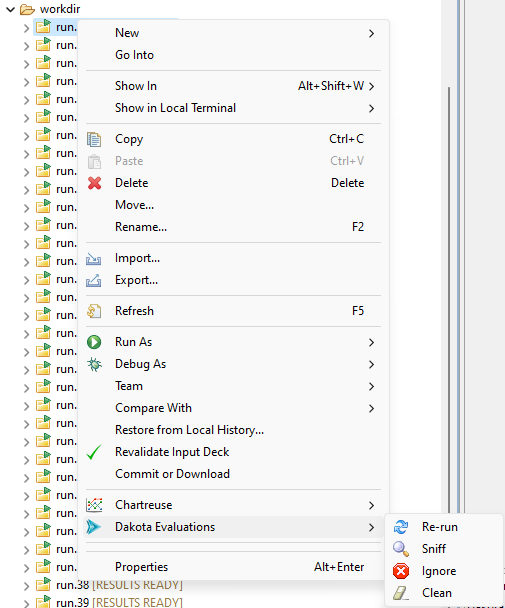 Dakota Evaluations context menu