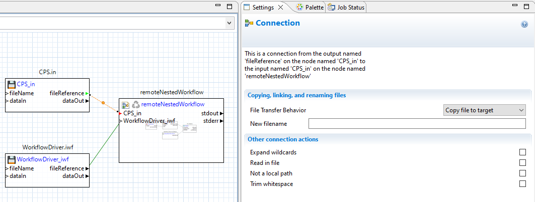 Green lines designate "Copy file to target" behavior